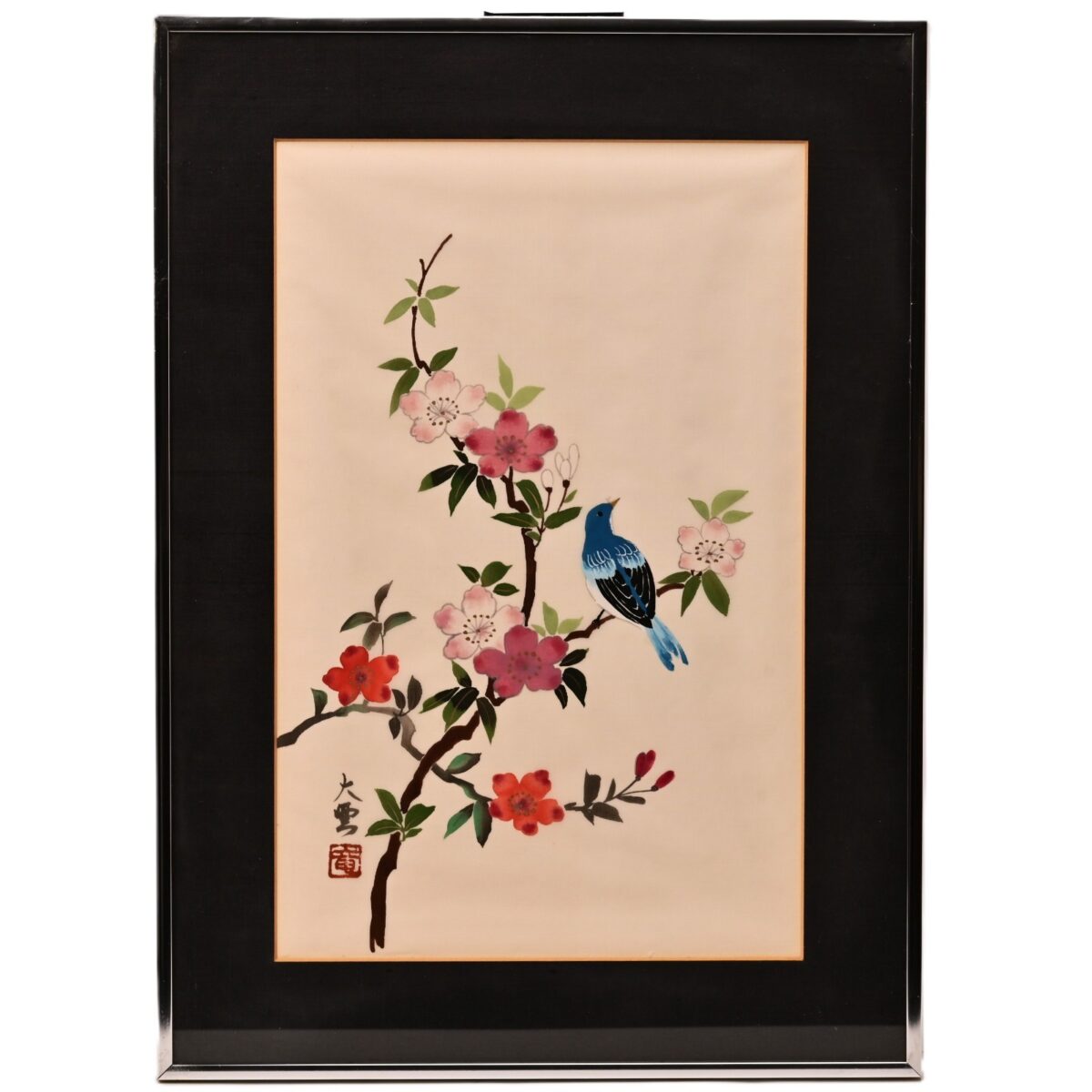 Antique Original Vintage Signed Asian Feng Shui Oriental Floral Bird Painting