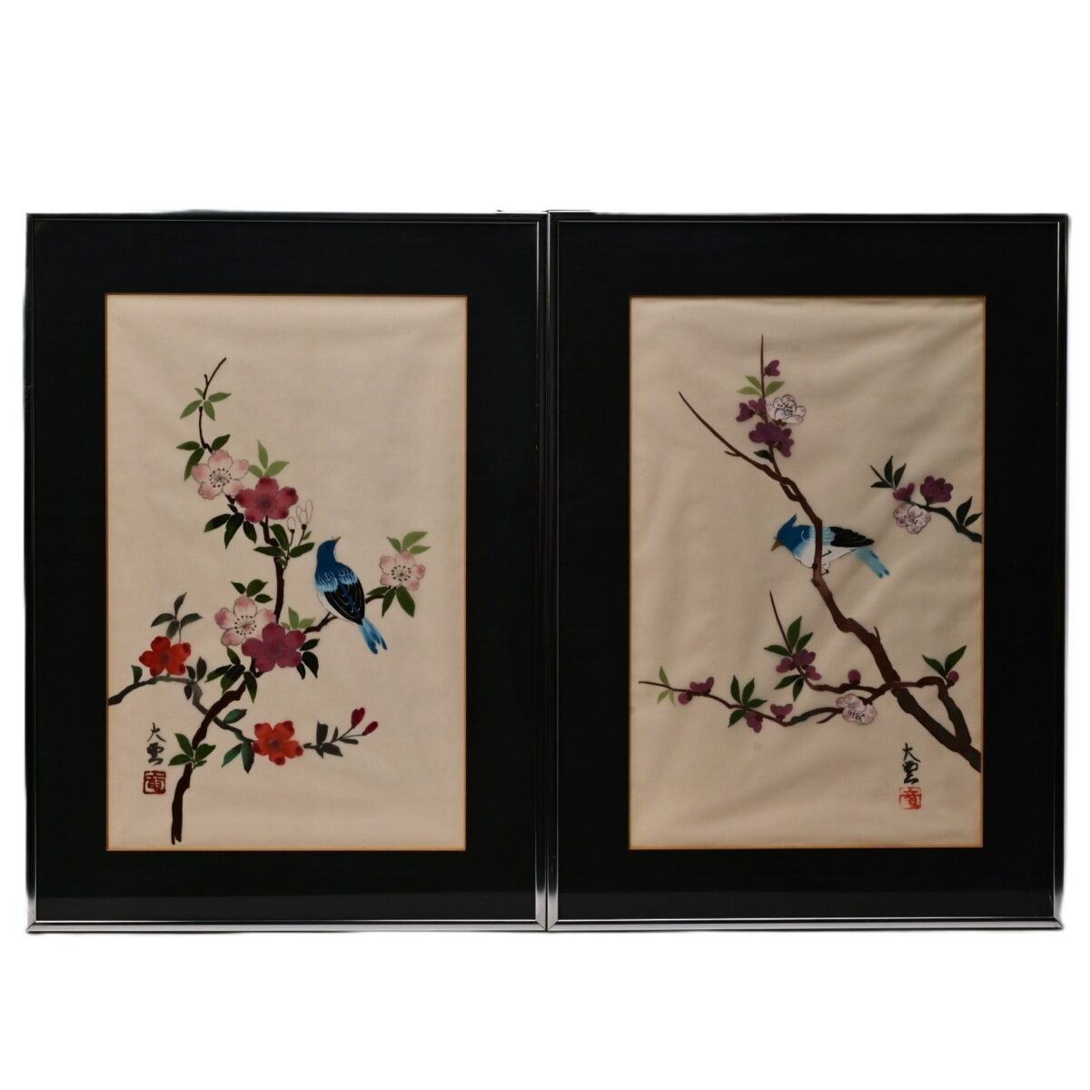 Antique Original Vintage Signed Oriental Feng Shui Asian Floral Bird Painting