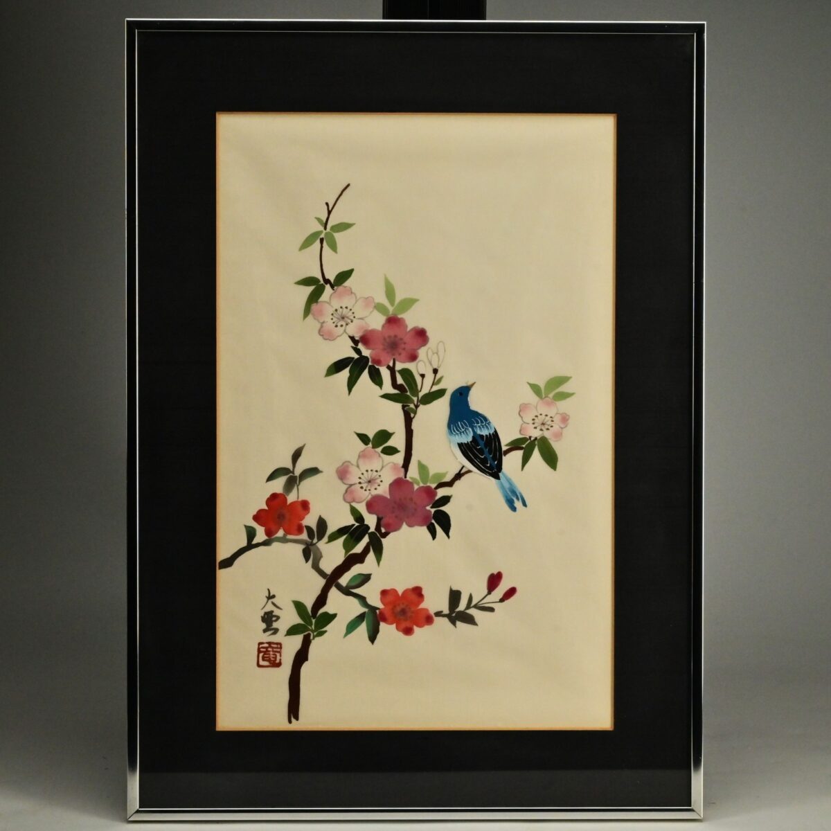 Antique Original Vintage Signed Asian Feng Shui Oriental Floral Bird Painting