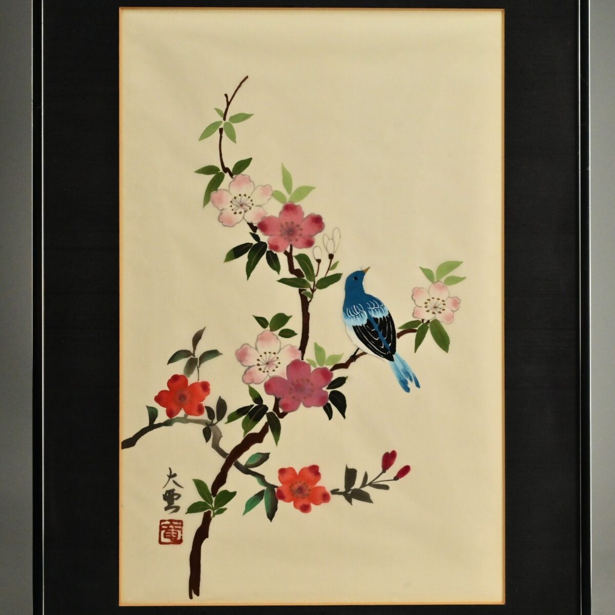Antique Original Vintage Signed Asian Feng Shui Oriental Floral Bird Painting