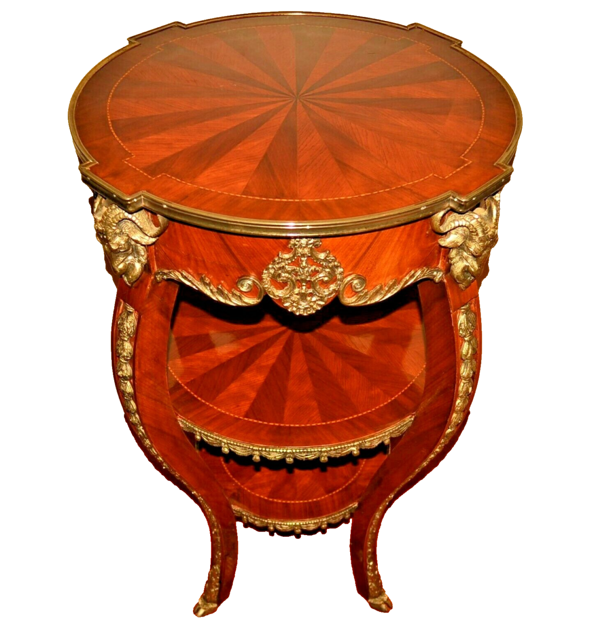 Antique Original Vintage Gilded Bronze Inlaid Mahogany Triple Tier Accent Table