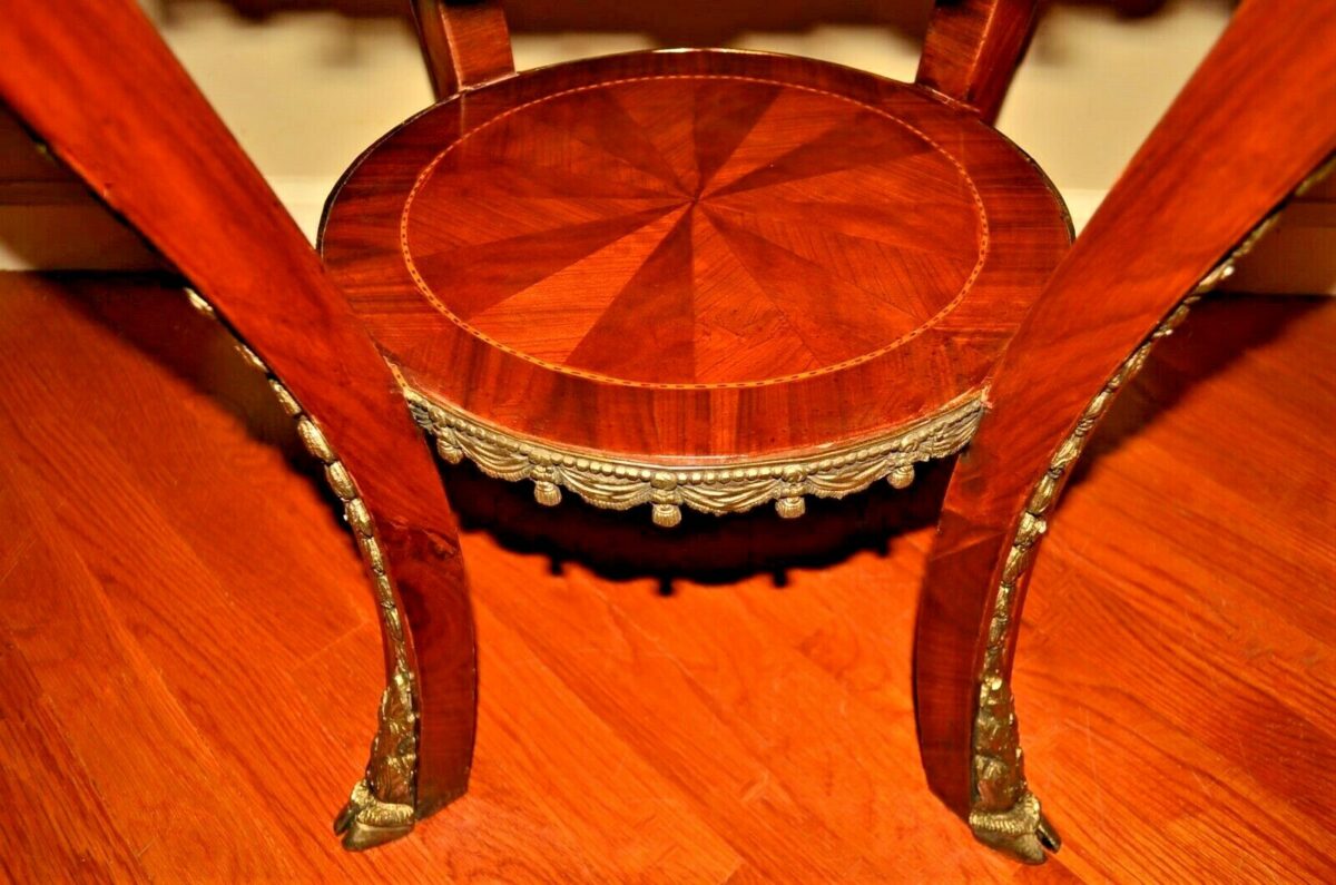 Antique Original Vintage Gilded Bronze Inlaid Mahogany Triple Tier Accent Table
