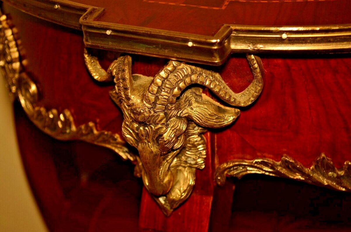 Antique Original Vintage Gilded Bronze Inlaid Mahogany Triple Tier Accent Table