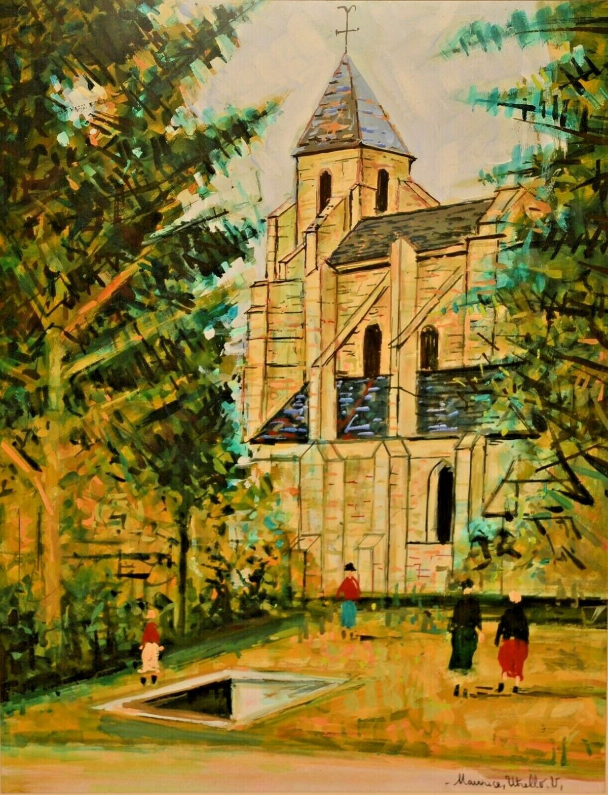 MAURICE UTRILLO Original Vintage Signed Garden Figure Landscape Gouache Painting