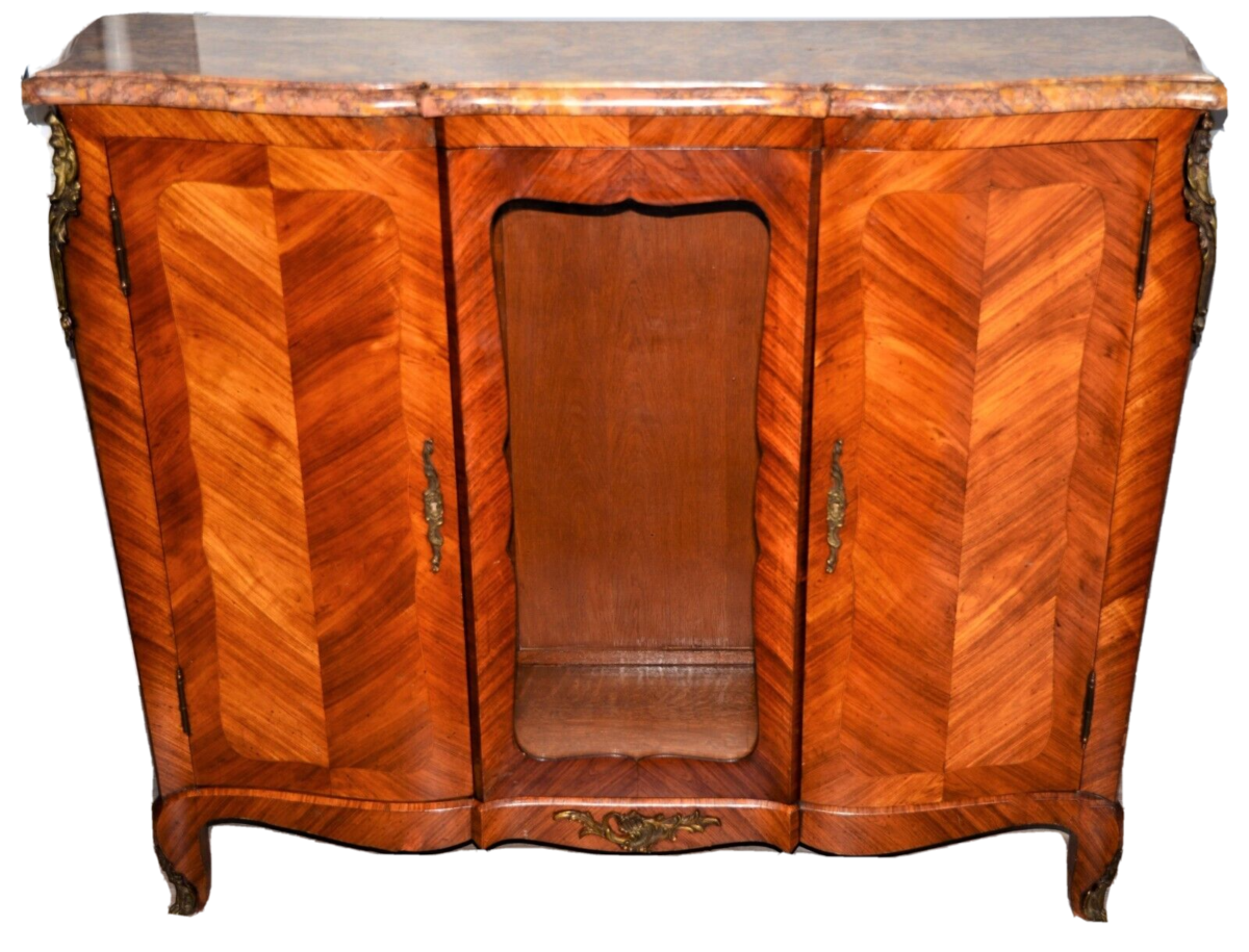 Antique French Louis XVI Marble Top Bronze Inlaid Bookcase Commode Curio Cabinet