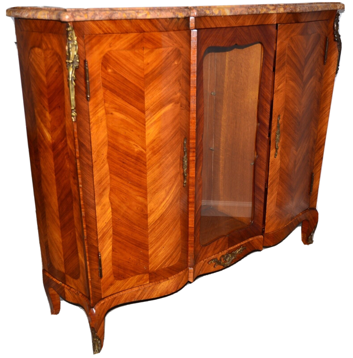 Antique French Louis XVI Marble Top Bronze Inlaid Bookcase Commode Curio Cabinet