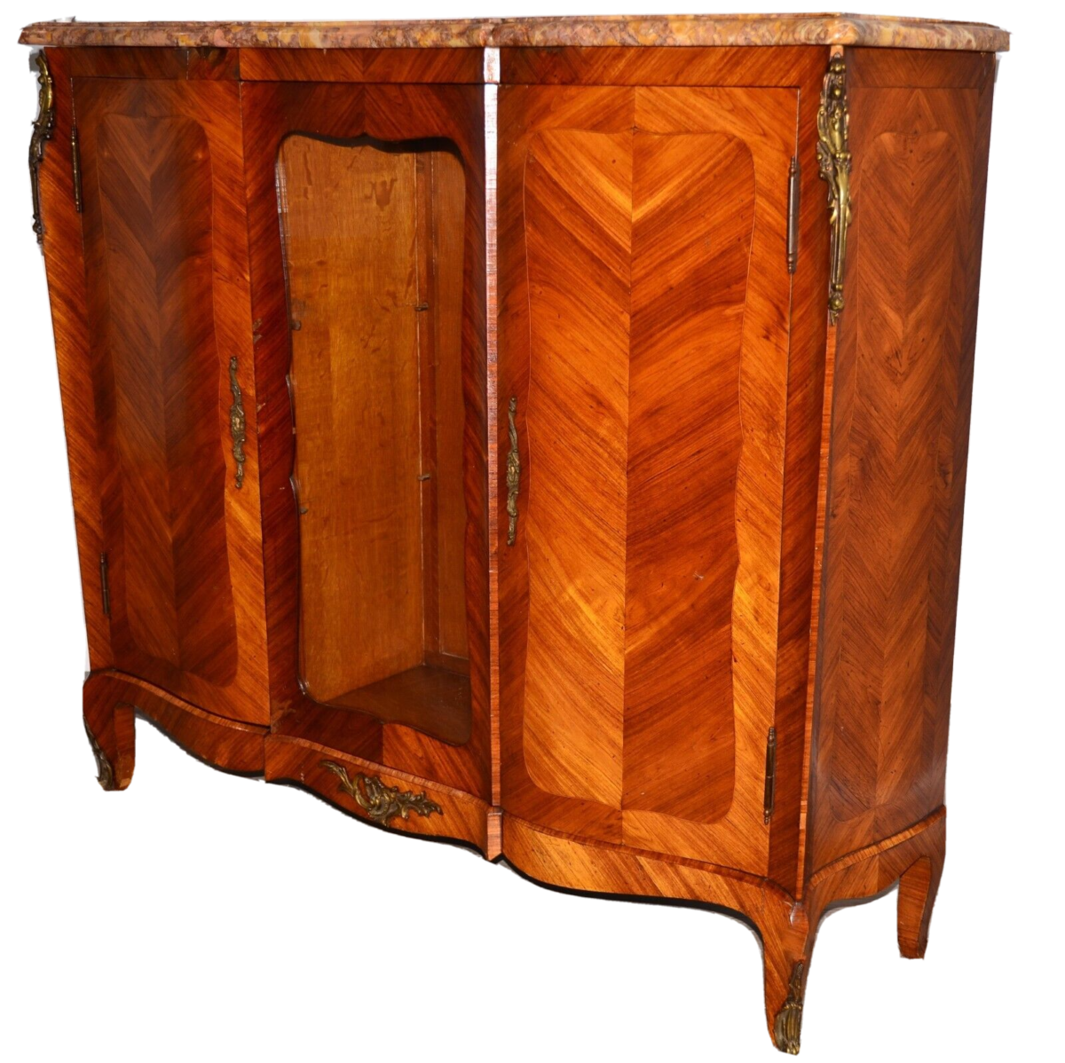 Antique French Louis XVI Marble Top Bronze Inlaid Bookcase Commode Curio Cabinet