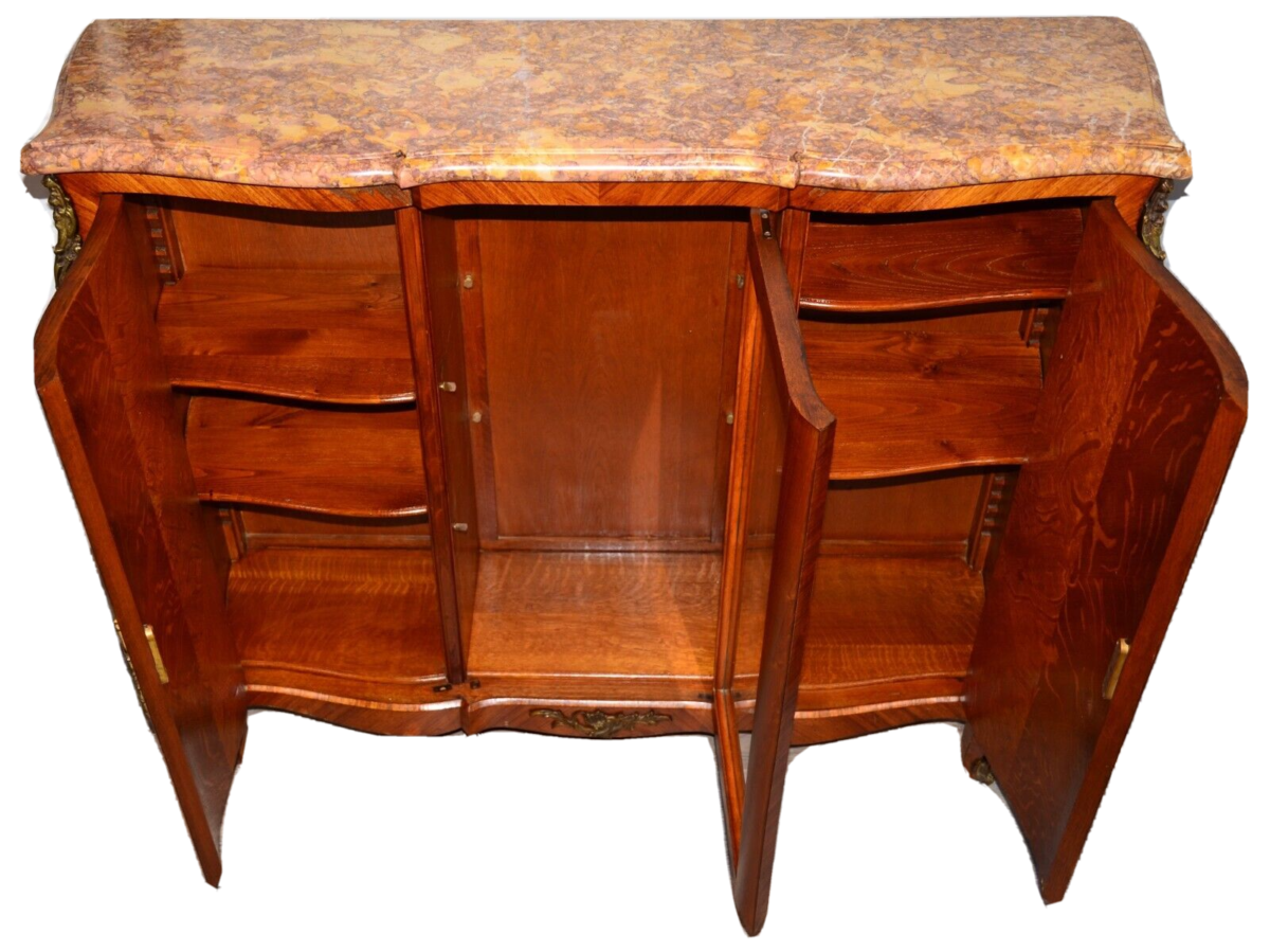 Antique French Louis XVI Marble Top Bronze Inlaid Bookcase Commode Curio Cabinet