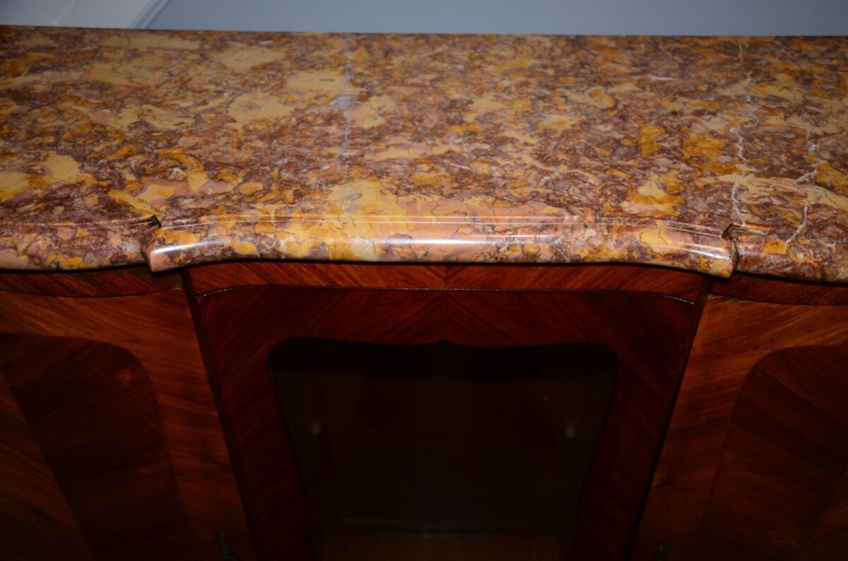 Antique French Louis XVI Marble Top Bronze Inlaid Bookcase Commode Curio Cabinet