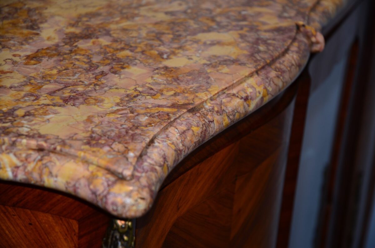 Antique French Louis XVI Marble Top Bronze Inlaid Bookcase Commode Curio Cabinet