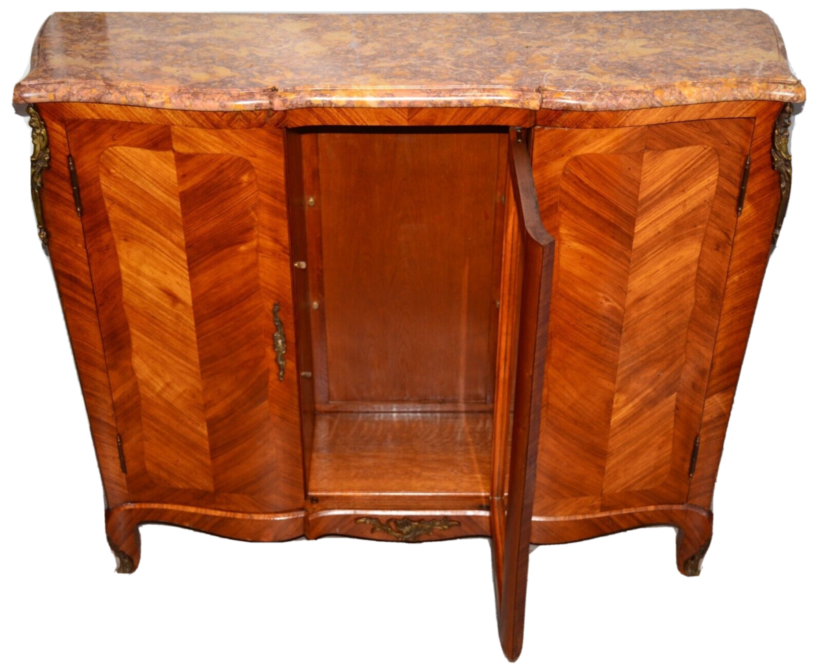 Antique French Louis XVI Marble Top Bronze Inlaid Bookcase Commode Curio Cabinet
