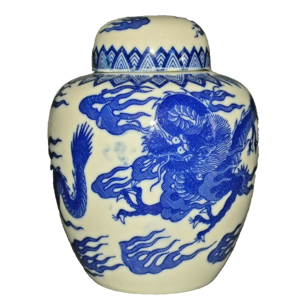 Antique Original Vintage Japanese Blue & White Porcelain Dragon Jar Vase Lid Urn