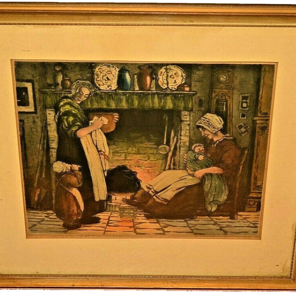 PAUL GILBERT Original Vintage Signed House Family Portrait Illustration Painting